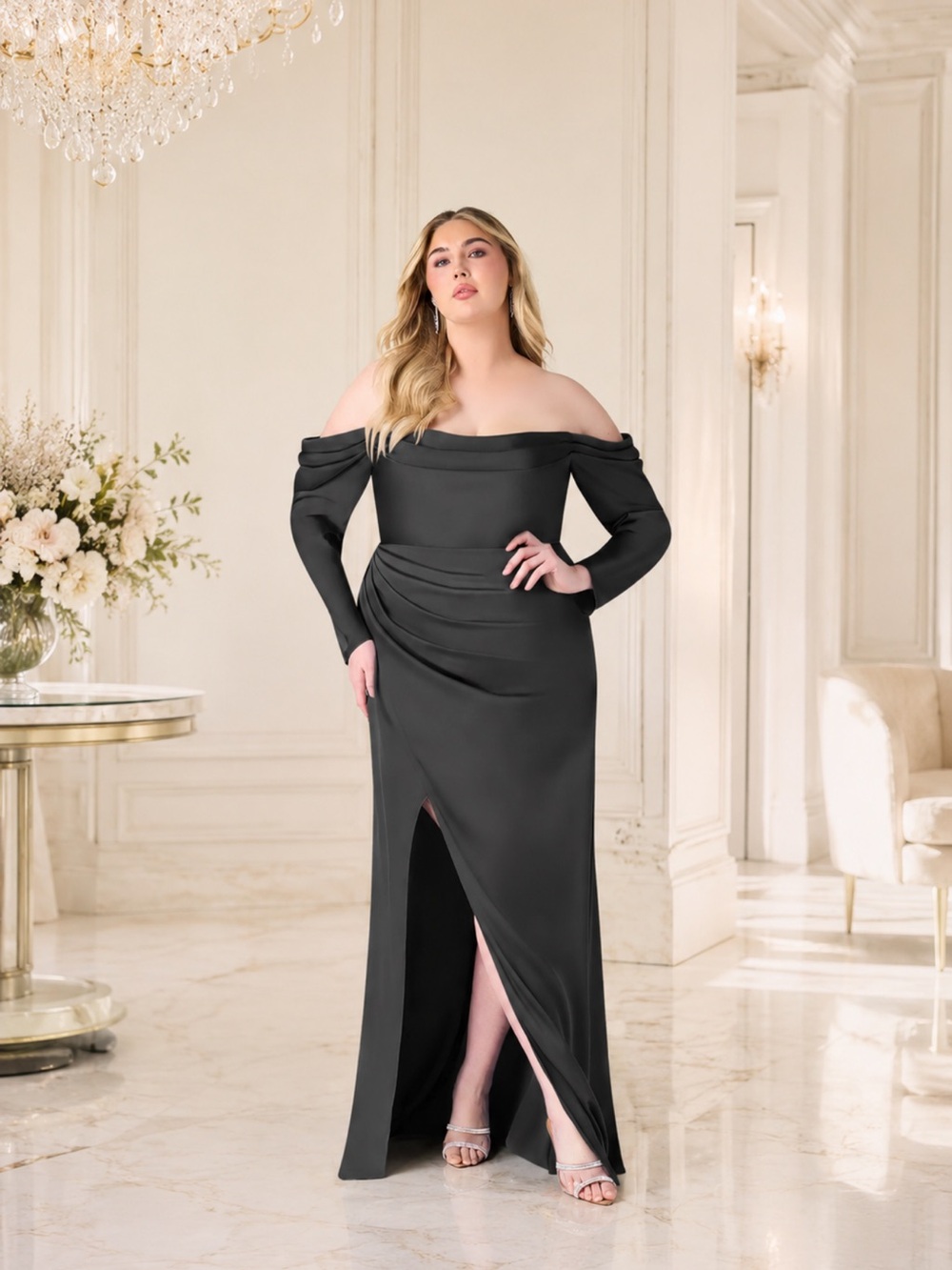 Black Mermaid Off-The-Shoulder Long Sleeve Stretch Satin Convertible Dress 20A